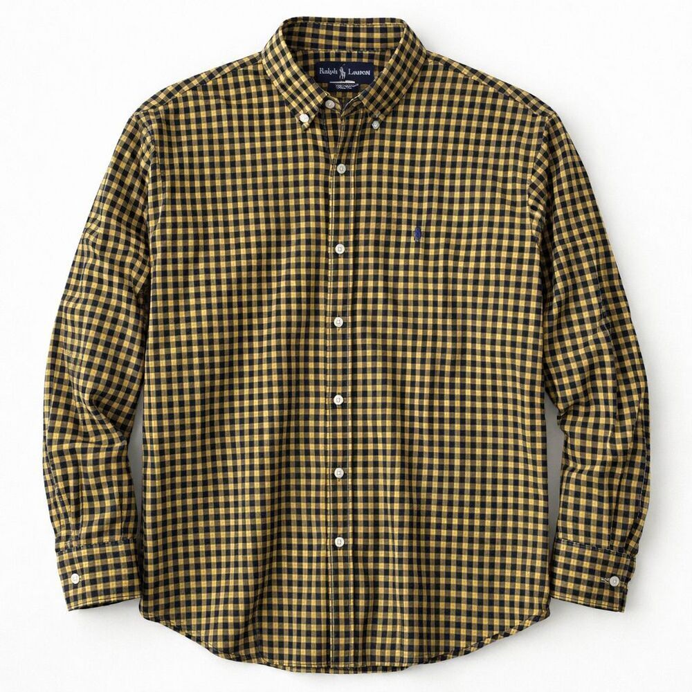 Men's Ralph Lauren Shirt Size XL Yellow Black Plaid Button Down Classic Fit
